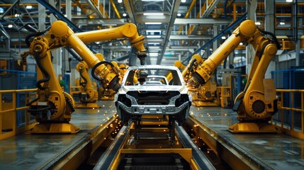 Poster - In a modern factory, a highly automated car manufacturing line operates with robotic arms for precise welding, transforming automotive production for increased efficiency and accuracy