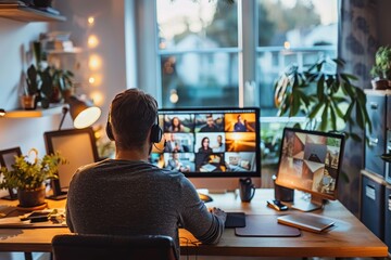 A man is sitting at a desk with a computer monitor and a laptop