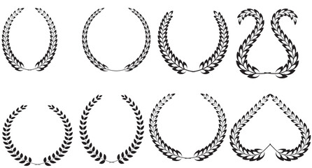 Set of Laurel wreath icon design isolated on white background. Laurel wreath award. Round border with wreath symbols, silhouette vector. Leaf border, laurel wreath design. Vector illustration.