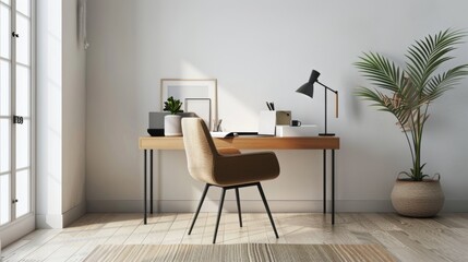 Aufkleber - Minimalist home office with a sleek desk, ergonomic chair, and uncluttered workspace, emphasizing productivity and simplicity.
