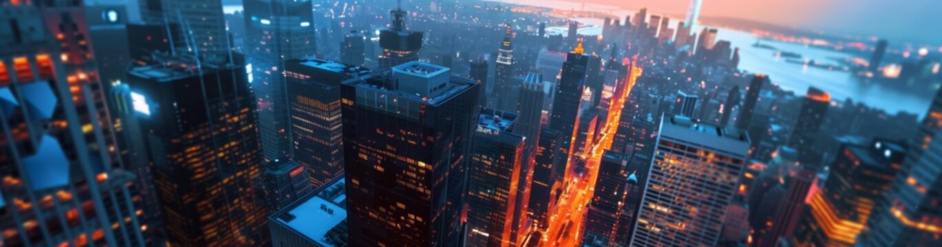 During dusk, the city comes alive with its streets and buildings illuminated by the vibrant city lights from an aerial perspective. The urban landscape is bustling and vibrant as darkness falls