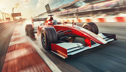 A red race car is driving down a wet road with a sunset in the background by AI generated image