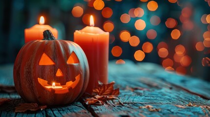 Wall Mural - Spooky Halloween Decor: Jack-o-Lanterns, Candles, and String Lights on Wooden Table