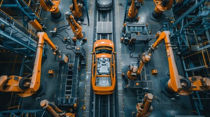 Poster - Hightech Robotic Assembly Line Manufacturing Cars in a Modern Factory involves automation, robotics, and advanced technology to improve efficiency in automotive manufacturing processes