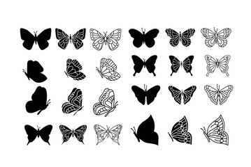 Set of silhouette and outline butterflies, vector simple illustration