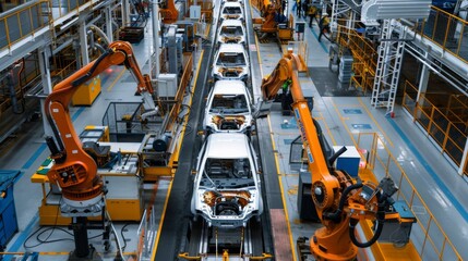 Poster - The modern factory uses industrial robots in an automated car manufacturing assembly line for efficient production. This advanced technology optimizes the auto manufacturing process