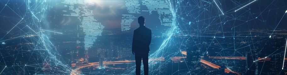 Poster - In a modern urban cityscape, a visionary entrepreneur pioneers a shift towards digital transformation using global network technology, embodying a futuristic and hightech approach to business