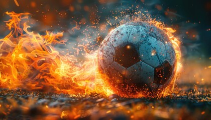 Wall Mural - A soccer ball is flying through a field of fire by AI generated image
