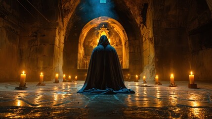 Wall Mural - A cloaked figure stands in a cathedral surrounded by candles. The figure is bathed in a golden light.