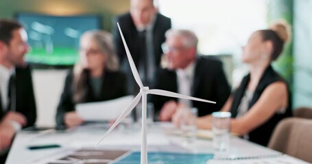 Poster - windmill, model and meeting for sustainability with people, negotiation and legal documents for plan