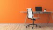 © SSTC AI Photo&Video - A minimalist home office setup with a bright orange wall, featuring a computer, yellow chair, desk, books, and potted plants, creating a vibrant workspace..
