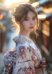 Poster - Portrait of a young woman in a kimono