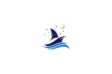 Wall Mural - sailboat logo with decorated moon and stars in flat vector design style