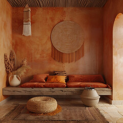 Ethnic interior in ocher color. Stone texture, Rust, cotton.