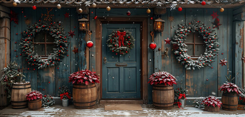 Wall Mural - Facade of an old wooden house with Christmas decorations on a sunny winter day. Christmas holidays. Christmas theme.