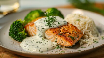 Sticker - Poached salmon fillet served with a creamy dill sauce, accompanied by steamed broccoli and jasmine rice.