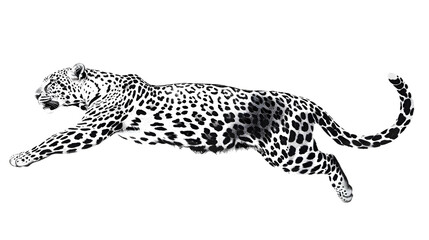 Wall Mural - Jumping  leopard black and white ink illustration isolated on transparent background