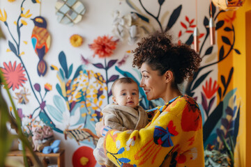 Wall Mural - A woman is holding a baby in a room with a floral wallpaper