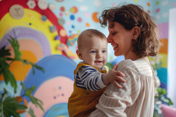 Wall Mural - A woman is holding a baby in her arms