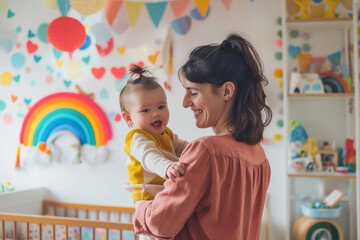 Wall Mural - A woman is holding a baby in a nursery with a rainbow and hearts on the wall