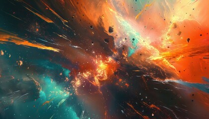 Wall Mural - a colorful space scene with a lot of debris and a bright orange star by ai generated image