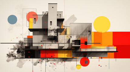 Geometric urban art with colorful shapes and architecture elements