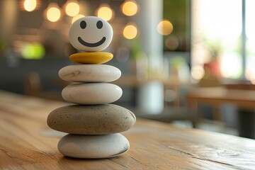 stack of smooth stones, topped with a smiley face, sits on a wooden table