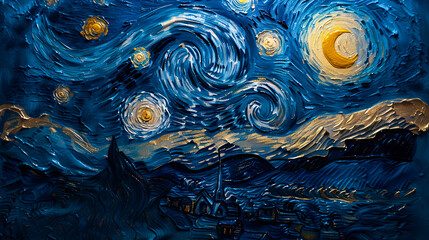 Canvas Print - Oil painting of a night sky with moon and stars in the clouds.