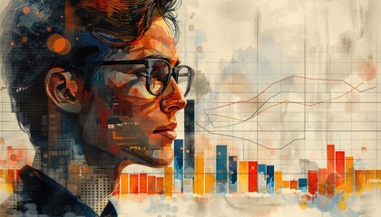 Wall Mural - A man with glasses is looking at a graph with a city in the background by AI generated image