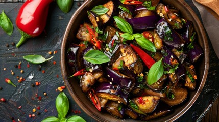 Sticker - Traditional Thai basil eggplant stir-fry served in a ceramic dish, with tender eggplant slices, spicy chili peppers, and fresh basil leaves.