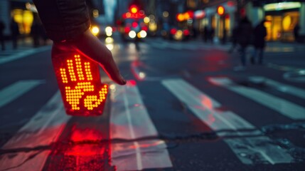 Aufkleber - Traffic light at a crosswalk with the red hand signal illuminated, with people waiting to cross the street.