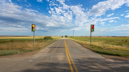 Traffic light at a rural intersection, surrounded by open fields and a clear road, highlighting safety in less populated areas.