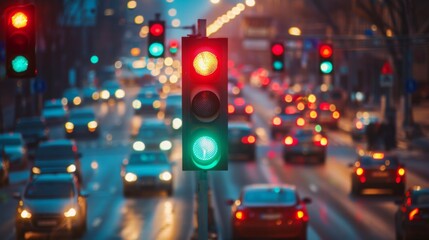 Poster - Traffic light changing from red to green at a busy urban intersection during rush hour, with cars and pedestrians waiting.