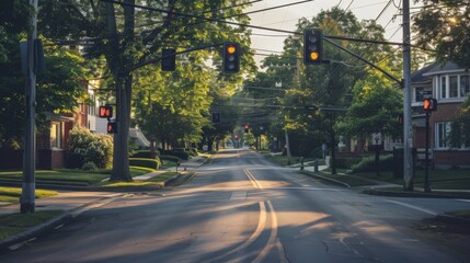 Aufkleber - Traffic light positioned above a quiet suburban street, maintaining order in a peaceful neighborhood.