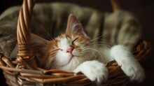Tubby Cat Nestled In A Basket, Looking Cozy And Snug With Its Eyes Half-closed.