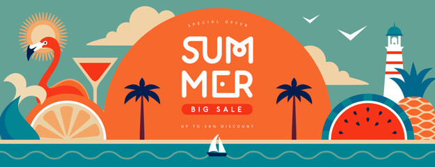 Wall Mural - Retro flat summer big sale poster with flamingo, tropic fruits and mermaid tail. Vector illustration