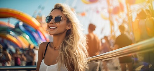 Wall Mural - A woman with blonde hair and sunglasses is smiling. She is wearing a colorful dress and a necklace