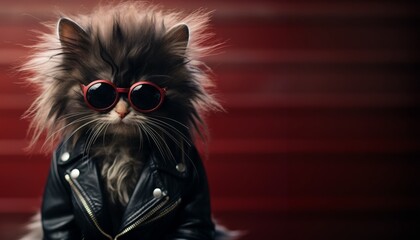 Wall Mural - Adorable kitten in a leather jacket and round sunglasses, set against a deep red background