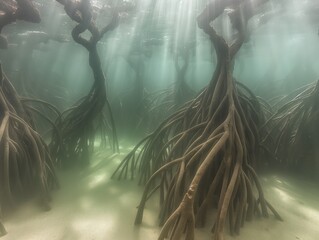 Wall Mural - A photo of a forest of roots underwater. The roots are twisted and gnarled, and the water is green. Scene is peaceful and serene, as the roots seem to be in harmony with the water and the environment