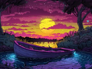 Cartoon rowboat on a serene pond, popping colors, simplified shapes, whimsical setting for storytelling