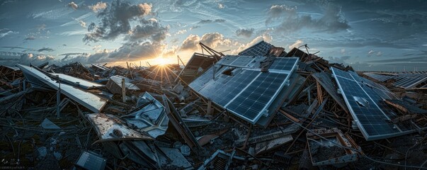 Wall Mural - A solar panel is destroyed in a field. The sun is setting in the background. The scene is desolate and bleak