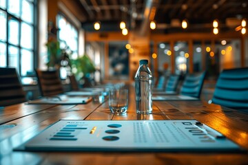 A professional conference room with a wooden table. On the table is a glass of water, a bottle of water, a pen and a notebook.