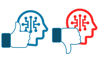 Poster - sondaggio Like icon con testa e globo con fondo trasparente , like positivo like negativo rosso blu AI intelligenza artificiale