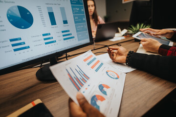 A diverse group of business professionals engaged in a meeting, analyzing digital data and printed graphs on their office table.