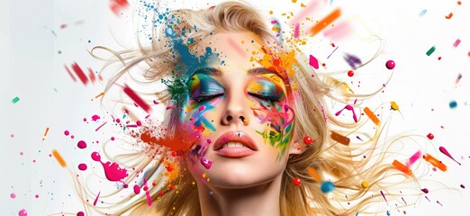 Wall Mural - The primary focus of the image is on a woman wearing elaborate face paint in a multitude of colors.