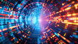© remake - Abstract technology background computer fractal. Tunnel glowing particles with depth field. Futuristic science, modern flowing geometry with neon shine, dynamic wave, and.