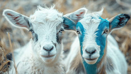 Portrait two cute white and blue goats in field. Pastoral happy, young, and funny livestock. Domestic, with horned and hairy fur, graze in rural meadow, smile. innocence and happiness in air.