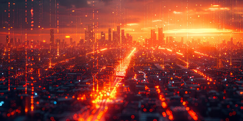 Poster - Futuristic City Grid Network 3D Rendering - Digital Infrastructure with Illuminated Streets, Energy Distribution System, and High-Tech Community Layout