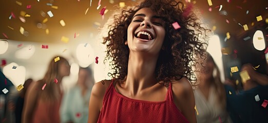 Sticker - A festive spirit envelops the scene as a woman smiles brightly, throwing confetti into the air, her happiness contagious and the air filled with vibrant colors.