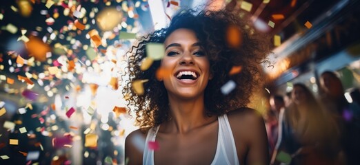 Sticker - A festive spirit envelops the scene as a woman smiles brightly, throwing confetti into the air, her happiness contagious and the air filled with vibrant colors.